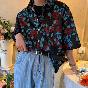 Wiaofellas Rose full print vintage shirt shirt women men summer rich young master short sleeve button up shirt Korean streetwear summer ins